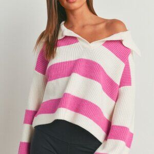 Stripe Drop Shoulder With Wide Collar Sweater